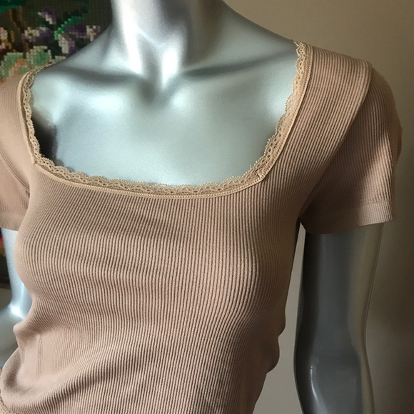 Planet Gold Ribbed Cropped Top Juniors Medium Tan Incense Square Neck Lace-Trim - Picture 4 of 10